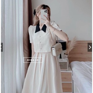 Sét váy tiểu thư, Sét đầm thiết kế dáng xòe phối cổ đen tôn dáng xinh thời trang L&A