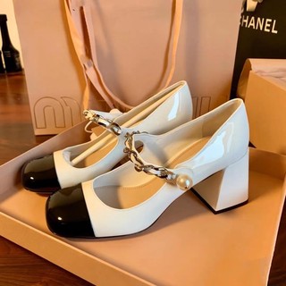 ( Sẵn) Giày nữ gót vuông 7f Miumiu da bóng pha mui, quai xích siêu xinh