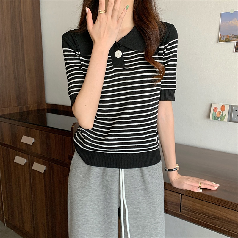 Áo Thun Dệt Kim Tay Ngắn Dáng Ôm Họa Tiết Kẻ Sọc Thời Trang Hàn Quốc Cho Nữ