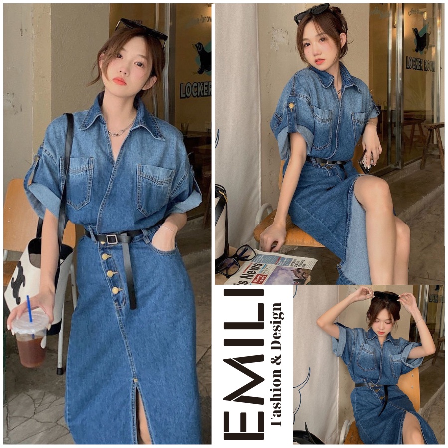 Đầm váy jean Emili dáng tay cánh rơi cổ v chân váy xẻ tà chất liệu bò