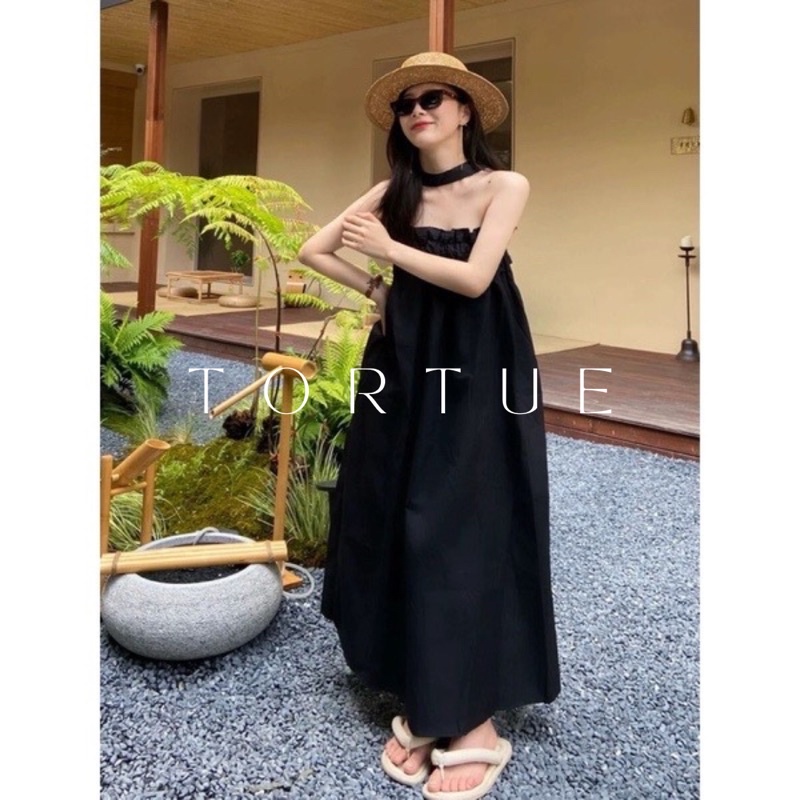 V118 Đầm váy dài ống không tay bèo ngực màu đen bẹt đi biển mùa hè phong cách Pháp Retro Vintage Taobao mới 2023