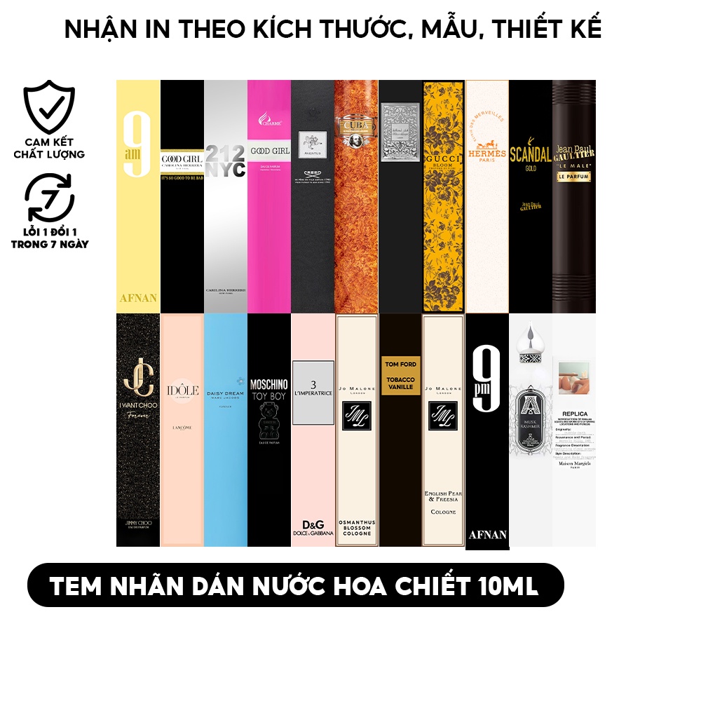 36 Tem nhãn dán nước hoa chiết 10ml tất cả các mùi hot - Tem dán chai chiết 10ml (15mm x 80mm) - Tem chiết đã cắt sẵn