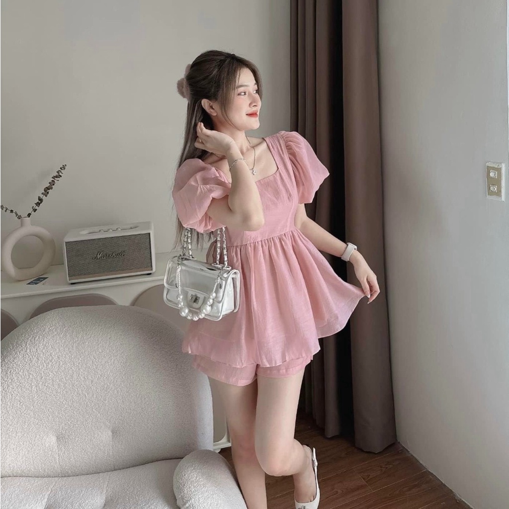 Set Bộ Chất Voan Tơ Áo Tay Ngắn Kèm Quần Đùi , Thời Trang Bánh Bèo Dễ Thương , 2 Màu Hồng , Xanh Bơ Mặc Tôn Da