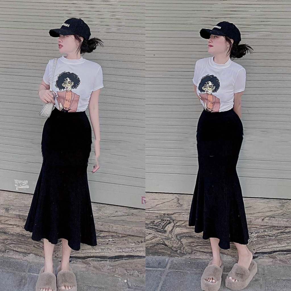Set đầm váy nữ áo phông hình cô gái mix cùng chân váy ôm đuôi cá siêu cute, dễ thương dành cho các nàng diện đi chơi.