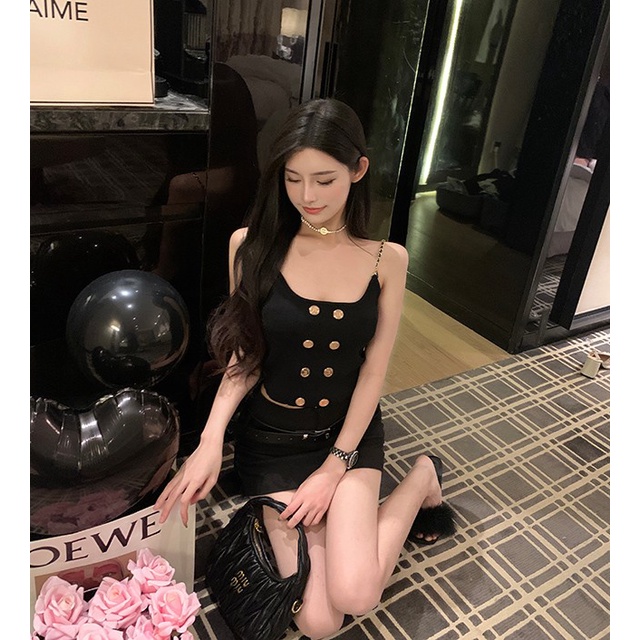 HUANG YOYO Áo Croptop Sát Nách Phối Dây Xích Thời Trang Mùa Hè Hàn Quốc Cho Nữ