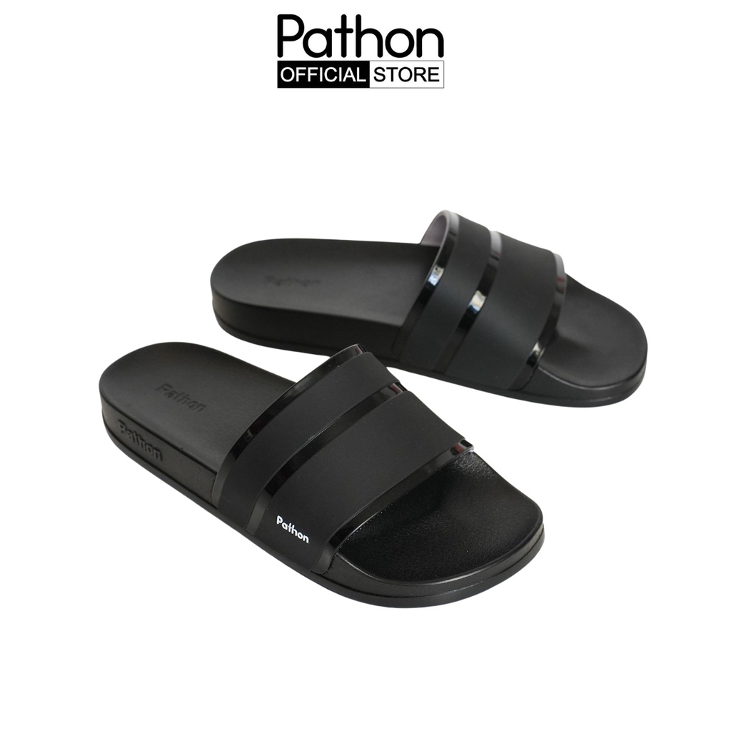 Dép nam nữ quai ngang slipper Pathon quai PVC và đế PU đen quai đen 3 xọc bóng SD107