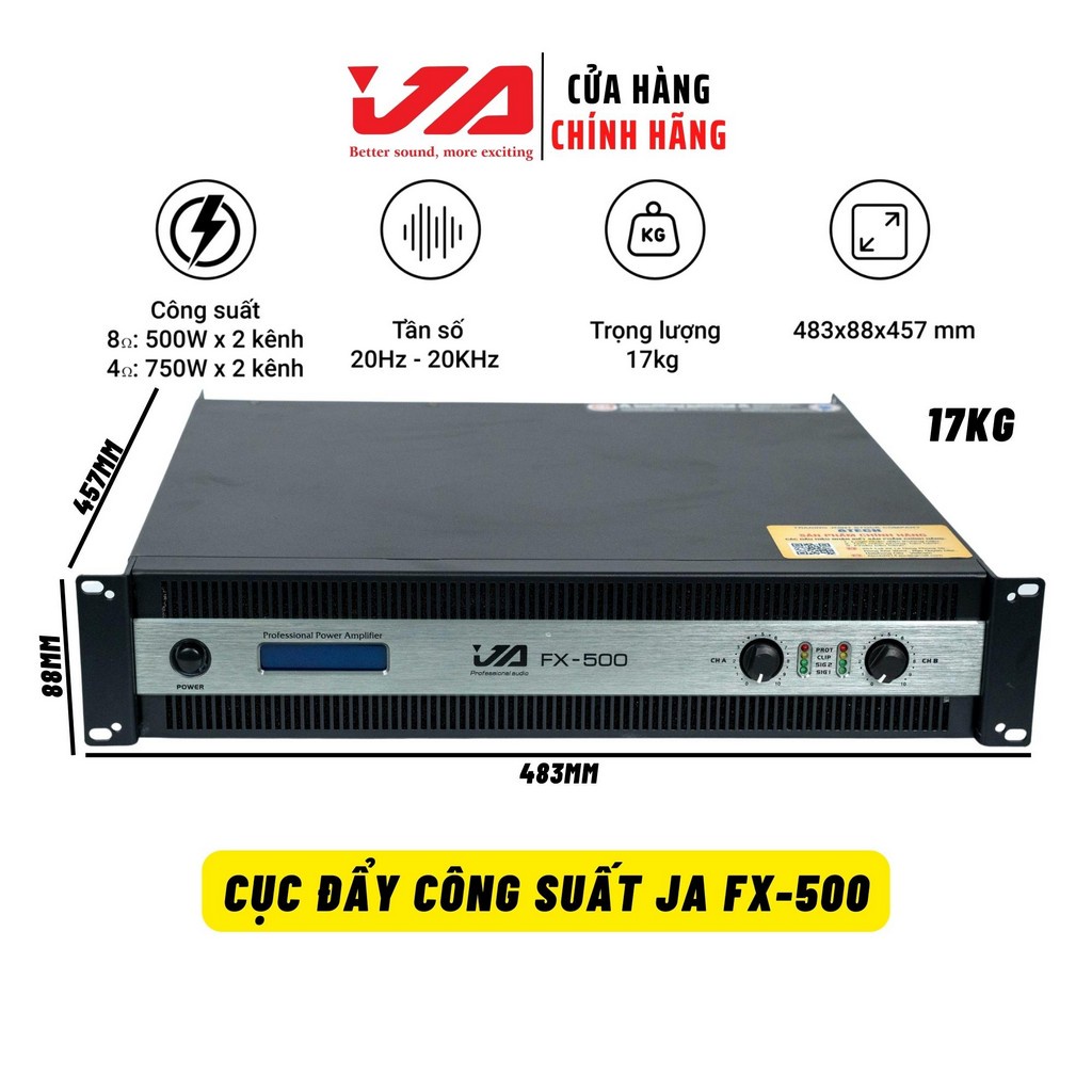 Cục Đẩy Công Suất 2 Kênh JA FX-500 Chính Hãng, 1500W-20 Sò Toshiba-Nguồn Xuyến-Kéo Khoẻ 2 Đôi Full 40 (Tặng 10M Dây Loa)