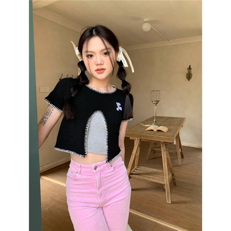 HUANG YOYO Áo Thun Dệt Kim Ngắn Tay Xẻ Tà Phía Trước Thời Trang Mùa Hè Cho Nữ