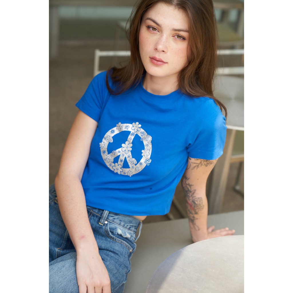 TheBlueTshirt - Áo Thun Nữ Phom Ngắn Biểu Tượng Hoà Bình Màu Xanh Dương - Peace Symbol Baby T - Blue