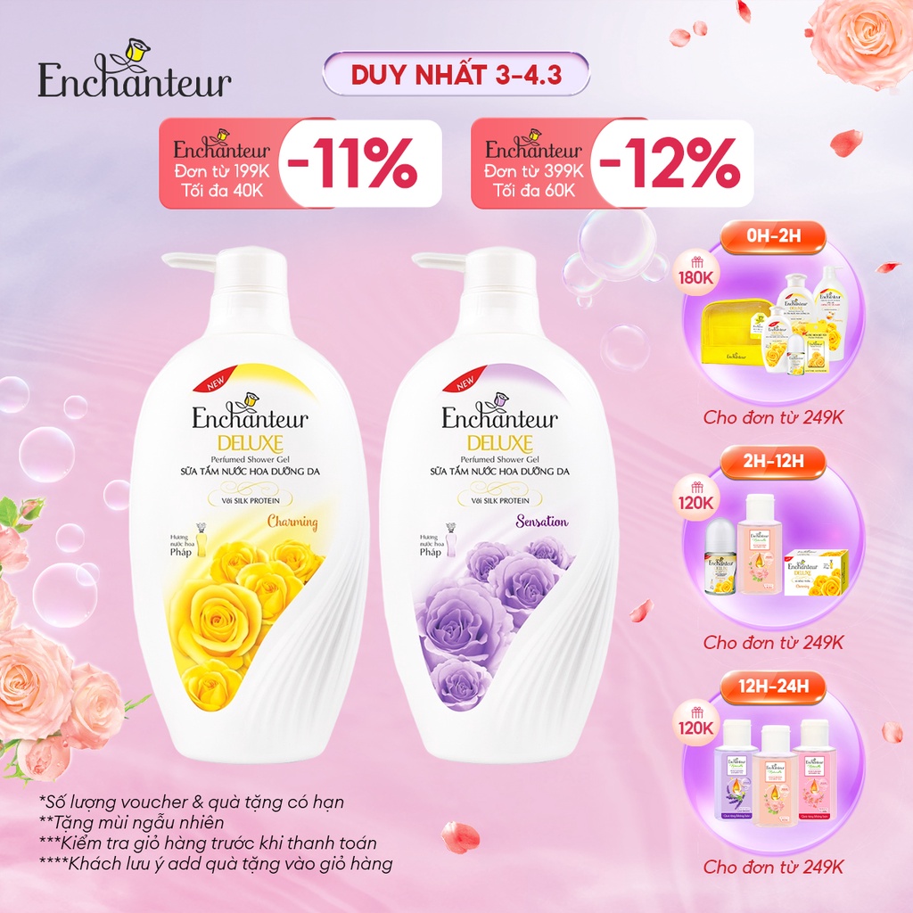 Combo 2 Sữa tắm hương nước hoa Enchanteur Charming và Sensation 650g/Chai