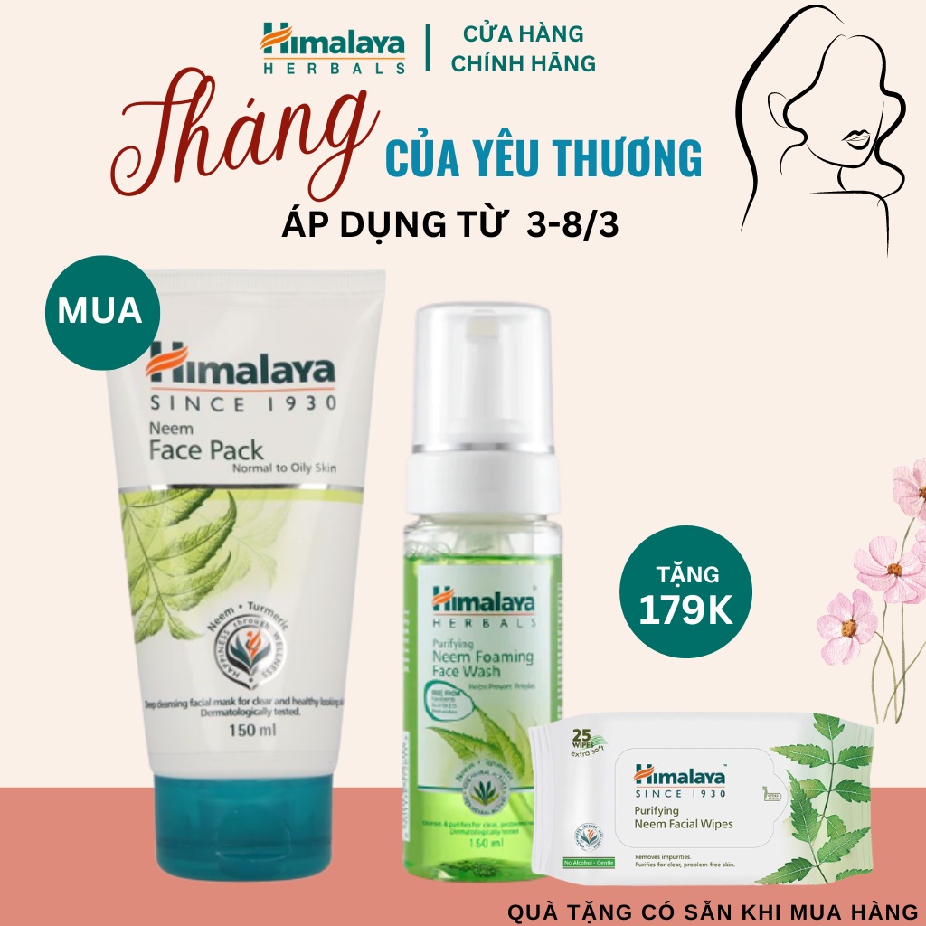 SPECIAL DEAL Mặt nạ đất sét kiềm dầu Himalaya Neem Face Pack 150ml tặng Sữa rửa mặt 150ml và Khăn tẩy trang 25 tờ