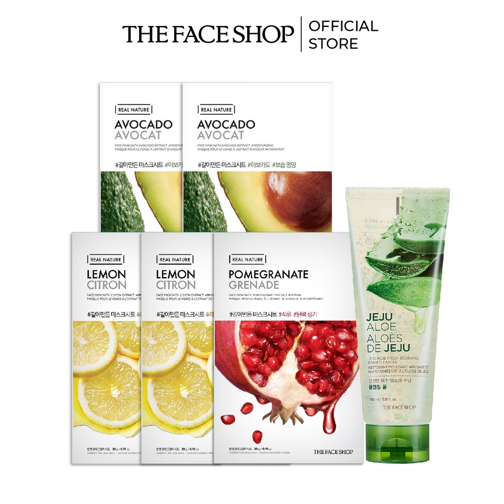 Combo Sữa Rửa Mặt THE FACE SHOP Jeju 150ml+5 Mặt Nạ Sáng Da THE FACE SHOP (lựu,chanh,bơ) 20g