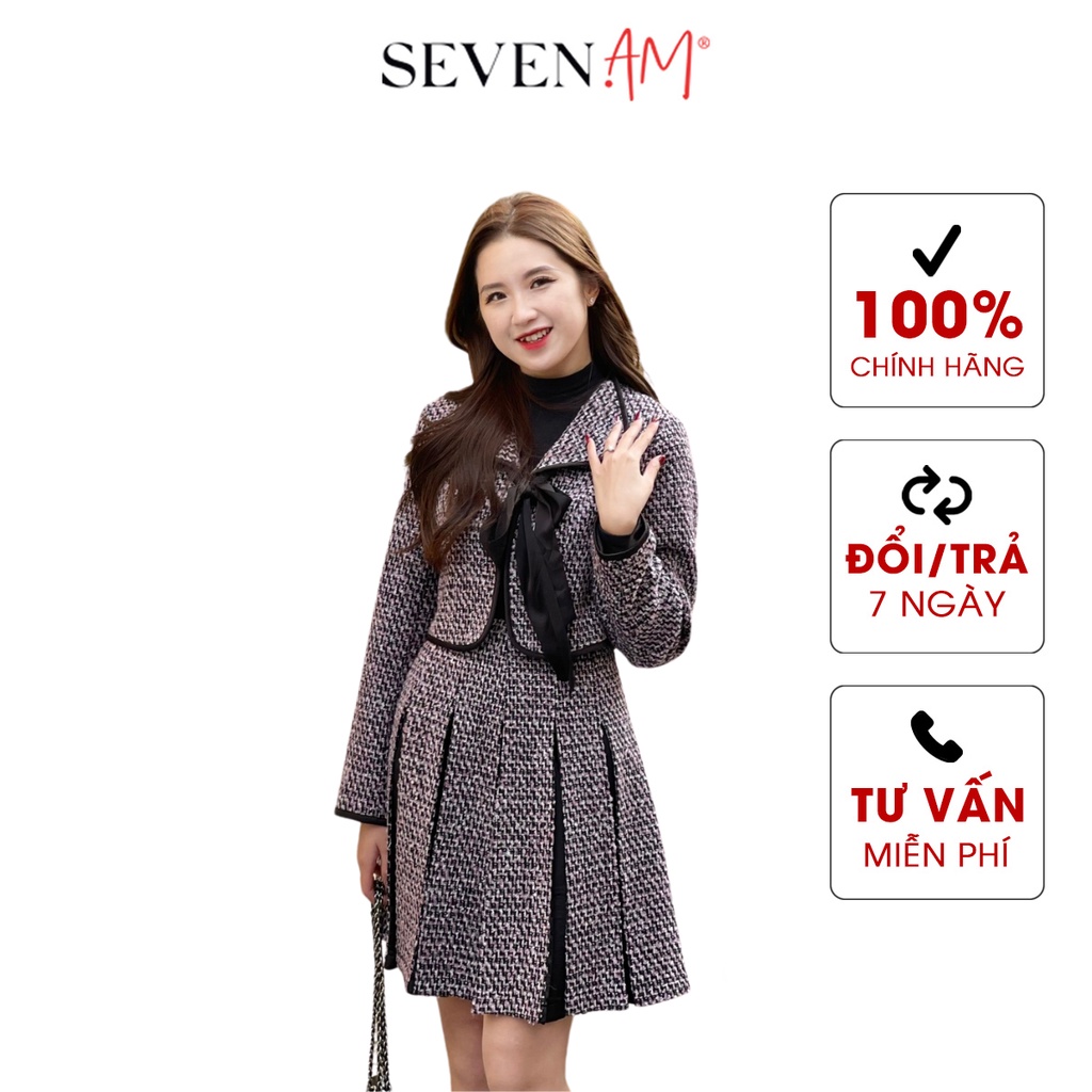 Áo khoác lửng tay dài Dạ tím pha đen nơ cổ SEVEN.AM OD331100