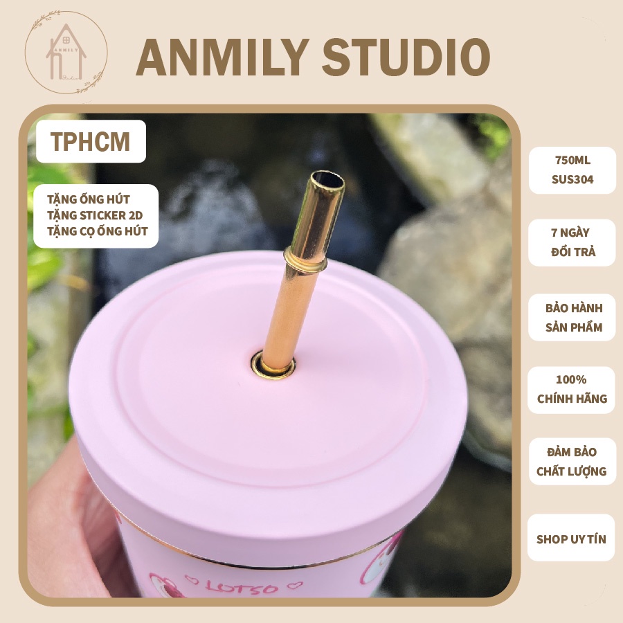 Ly giữ nhiệt LOTSO 750ml ANMILY CUP cao cấp SUS304 có ống hút kèm theo tặng kèm cọ ống hút| ANMILYSTUDIO