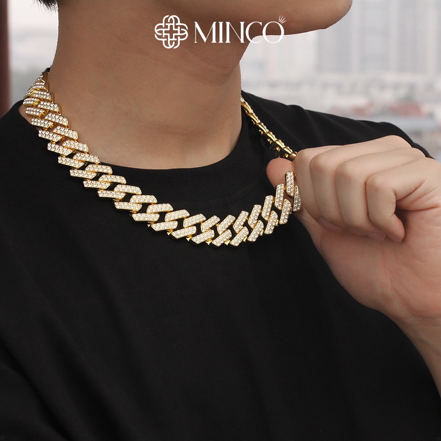 Dây chuyền Nam Cuban Minco Accessories Thiết kế HipHop unisex màu vàng đính đá Titan không gỉ DT176