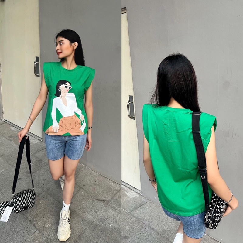 Áo độn vai iClassic thun cotton phông sát nách Cam Xanh Lá thời trang nữ áo kiểu sang trọng thanh lịch đi chơi dạo phố