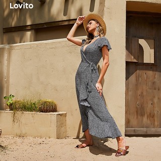 1221de-Đầm quấn Lovito dáng chữ A cổ chữ V họa tiết hoa phong cách boho L01163 (Black)
