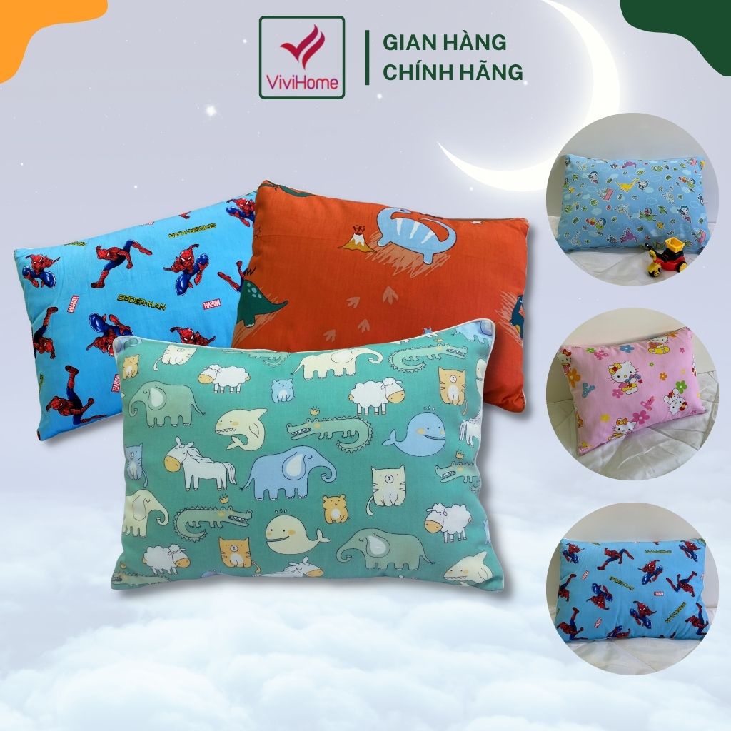 Gối nằm cho Bé size 30x50cm vải Cotton 100%, vỏ gối cho Bé từ 2 đến 7 tuổi có khóa kéo tiện lợi ViViHome Shop