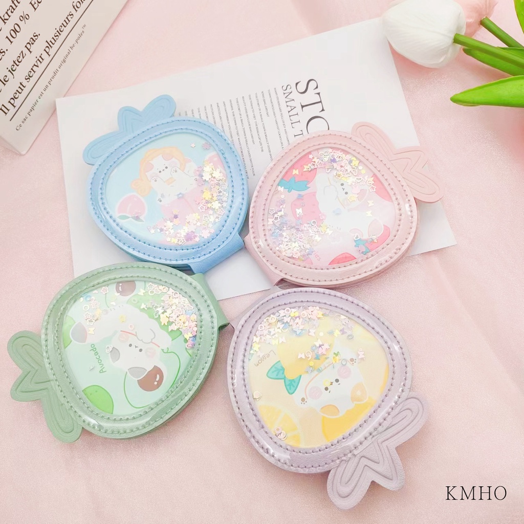 KMHO có thể gập lại Mini trang điểm gương sáng tạo cầm tay gấp PU vẻ đẹp gương sinh viên dễ thương phim hoạt hình gương