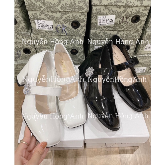 giày cao gót đính đá hoa gót vuông cao 7p da bóng (FULL HỘP - quai dán) cho nữ cg189