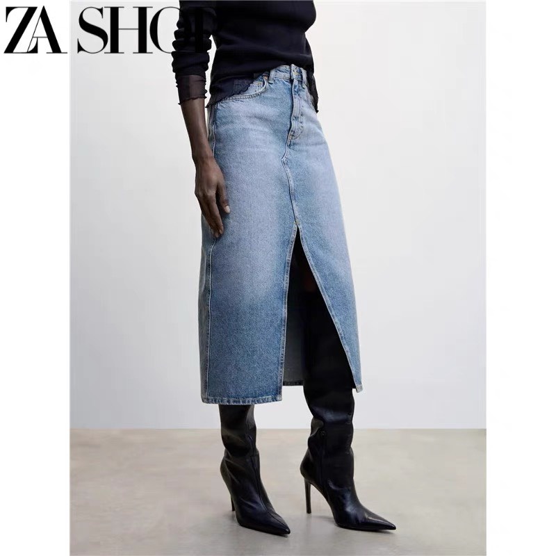 Chân váy bò denim jeans xẻ hàng Zara dáng chữ A dài quá gối cạp cao