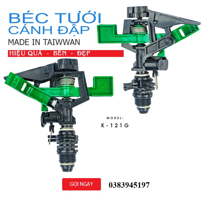 Combo 5 Taiwan- K121G Béc tưới cây cánh đập tùy chỉnh góc xoay 360 độ ren 21, bán kính 6-8m, 1 vòi phun