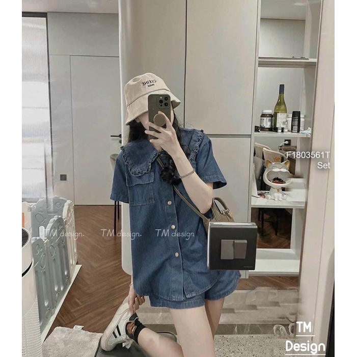 Set jean hoạ tiết gấu áo hai nắp túi kèm quần [ Kèm hình thật]