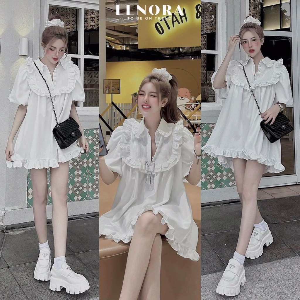 Váy babydoll nữ đầm tiểu thư L66studio thiết kế tay phồng cổ bèo tiểu thưV24 mẹ bầu bon chen