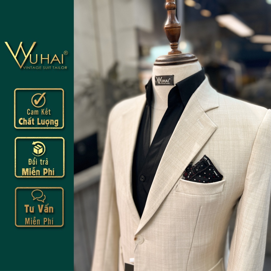 Áo Khoác Vest Màu Kem Nhạt, Chất Liệu Xatin Xước 2 Cúc, Túi Ốp Trẻ Trung-VuHai