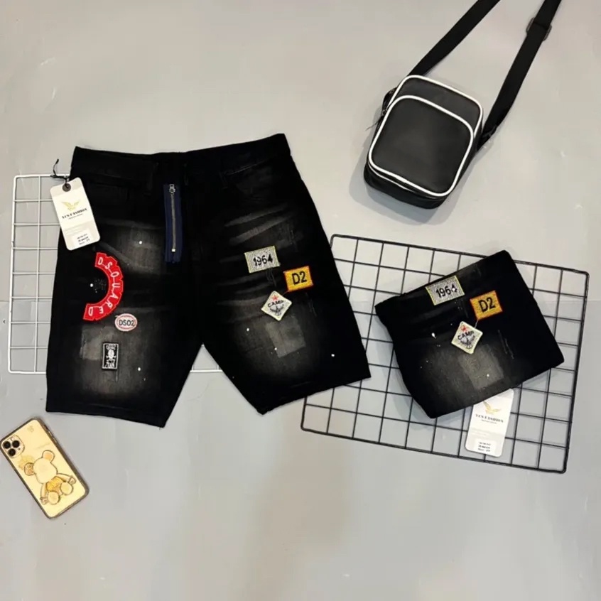 (Xưởng chuyên sỉ) quần short jean đen nam quần jean ngắn nam rách kèm thêu phong cách