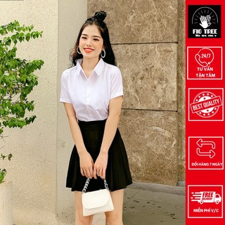 Áo sơ mi nữ màu trắng FIG TREE cổ bẻ tay ngắn SIÊU HOT(kiểu giấu nút)