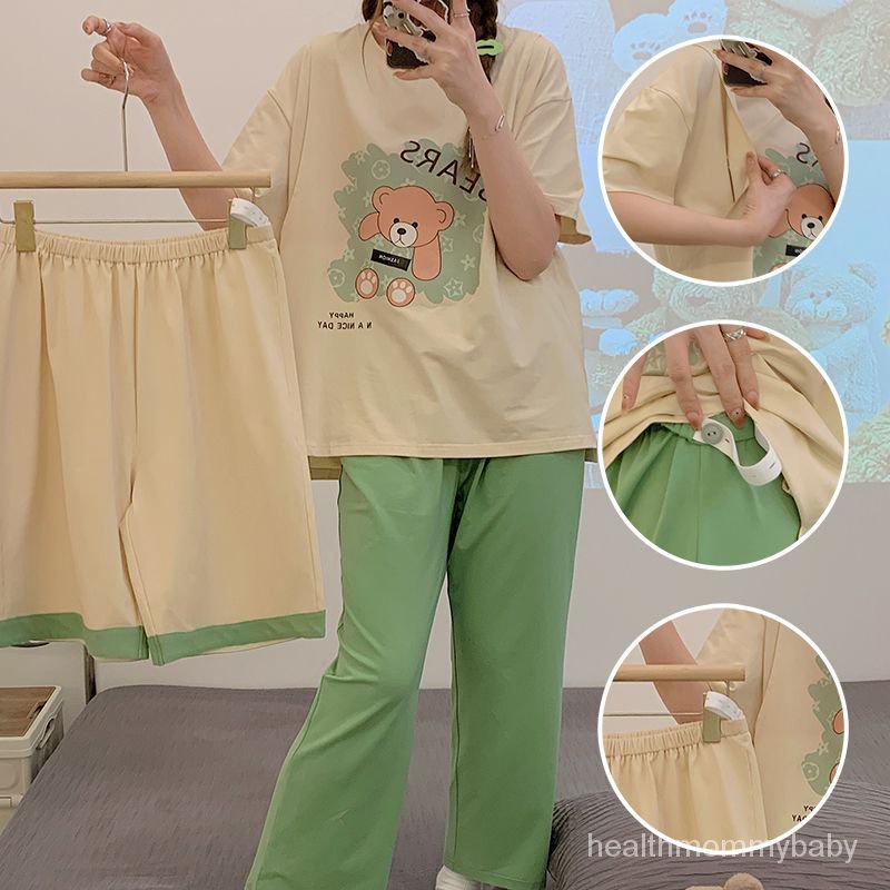 Bộ Đồ Ngủ Cho Con Bú Ba Mảnh  Tay Ngắn Quần Short Mỏng Quần Dài Quần Áo Bà Bầu   Quần Áo Cho Con Bú Sau Sinh