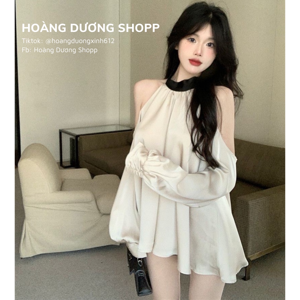 (Sẵn) Áo Sơ Mi Hở Vai Tay Dài Cổ Yếm Thắt Nơ Sau Dáng Suông Chất Lụa Satin Phong Cách Tiểu Thư Thanh Lịch Cho Nữ