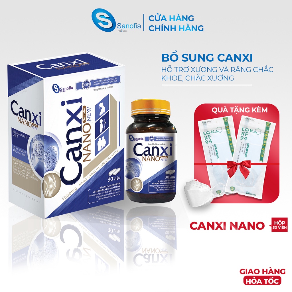 Viên uống bổ sung Canxi Nano Sanofia France Hộp 30v, Giúp xương răng chắc khỏe, giảm nguy cơ loãng x