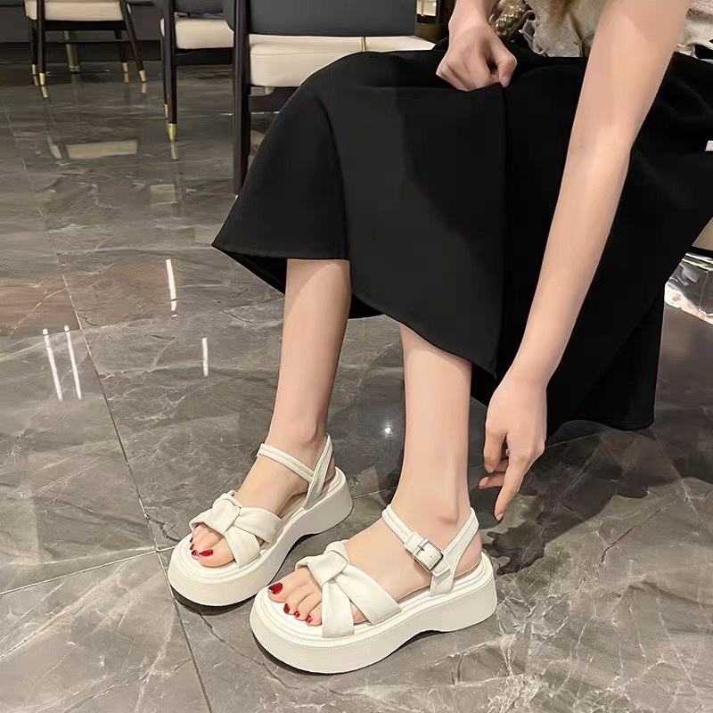 Giày sandal nữ nơ phong cách tiểu thư bánh bèo đế cao 5cm chất liệu da PU cao cấp phù hợp đi học
