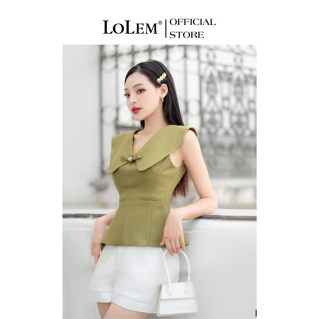 Áo peplum LOLEM AK1340 cổ chữ V phối nơ vải linen thoáng mát