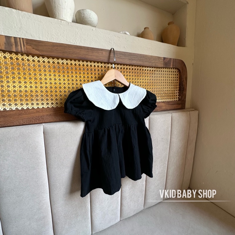 V11 Váy cổ sen trắng Vkid phong cách tiểu thư cho bé gái 5-13kg chất thô cotton