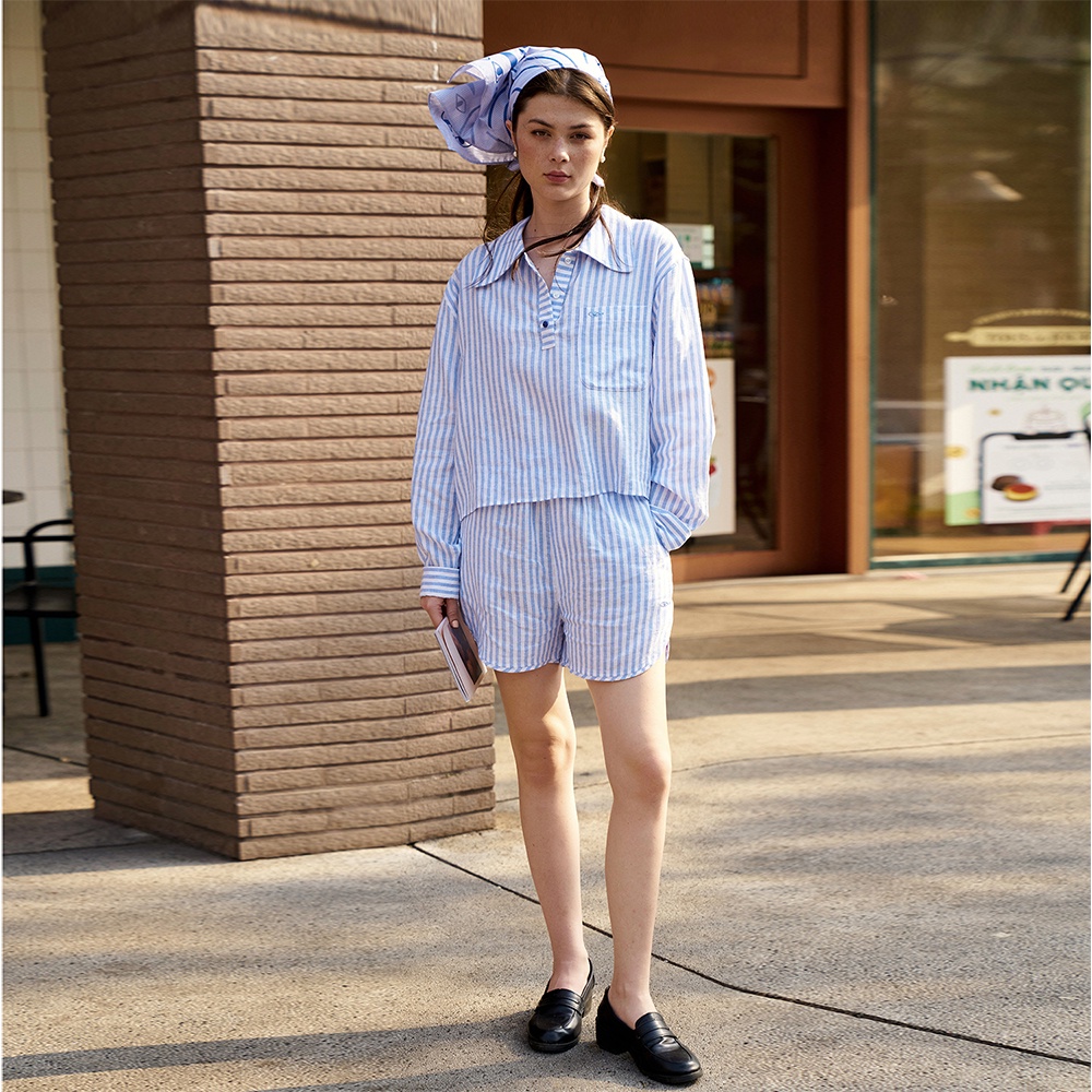 TheBlueTshirt - Quần Short Nữ Vải Lanh Xanh Sọc Trắng - Nature Line Short - New Eyeconic