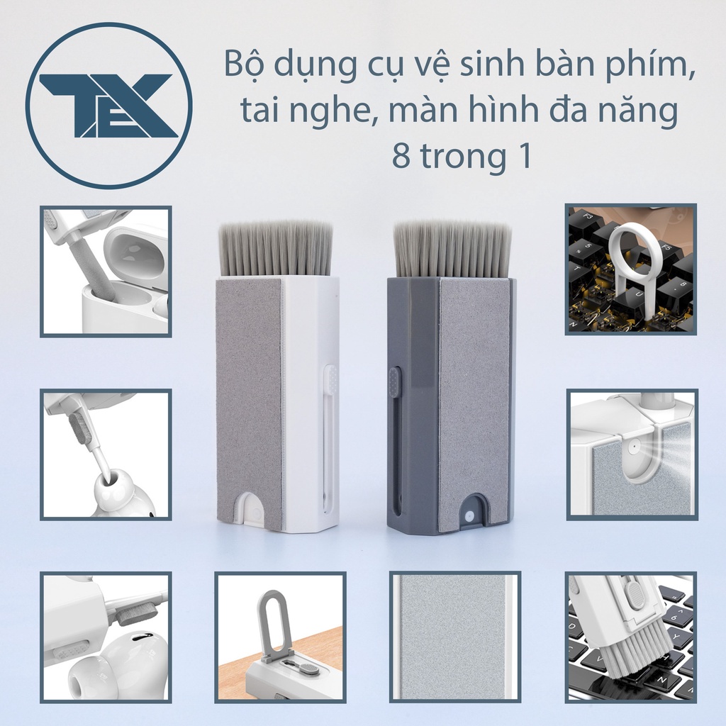 Bộ dụng cụ vệ sinh bàn phím tai nghe màn hình đa năng 8 trong 1 - Bàn chải, khăn lau màn hình, thanh gắp keycap, dung dị