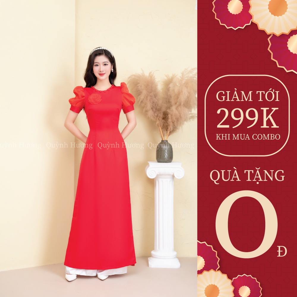 Áo dài giáo viên lụa tây thi đính cúc viền cổ kết hoa ngực cách điệu màu đỏ by Quỳnh Hương