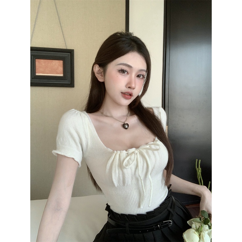 Lalisas Áo Thun Dệt Kim Ngắn Tay Thiết Kế Dây Rút Xếp Ly Thời Trang Hàn Quốc Cho Nữ