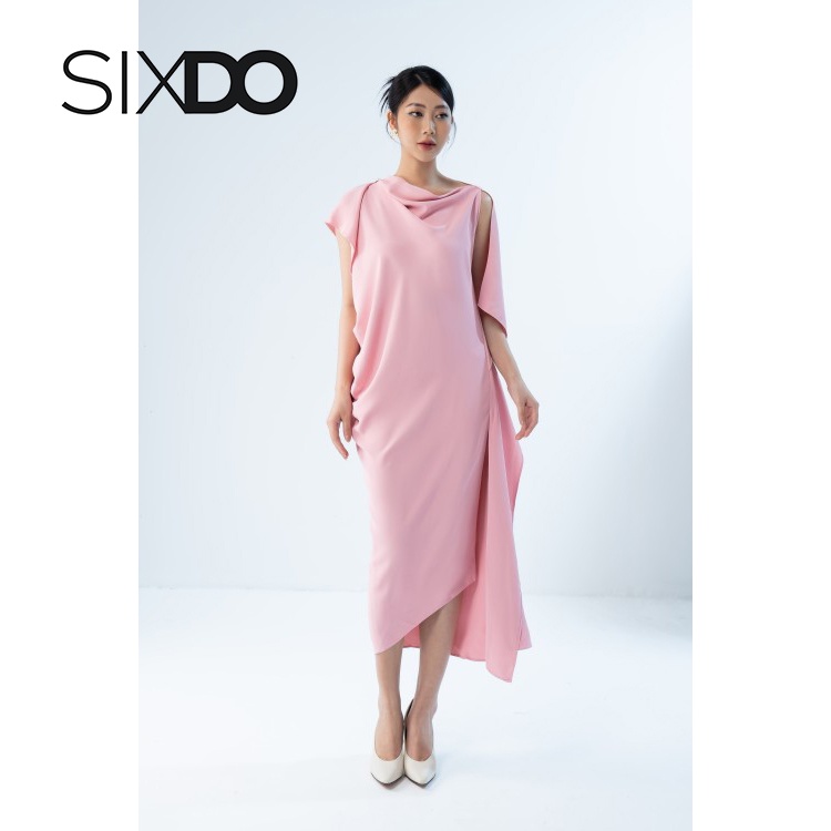 Đầm lụa hồng xẻ tà thời trang SIXDO