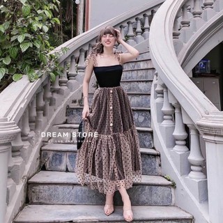 Đầm tiểu thư dây buộc nơ thun phối lưới xịn xò dễ thương U.T