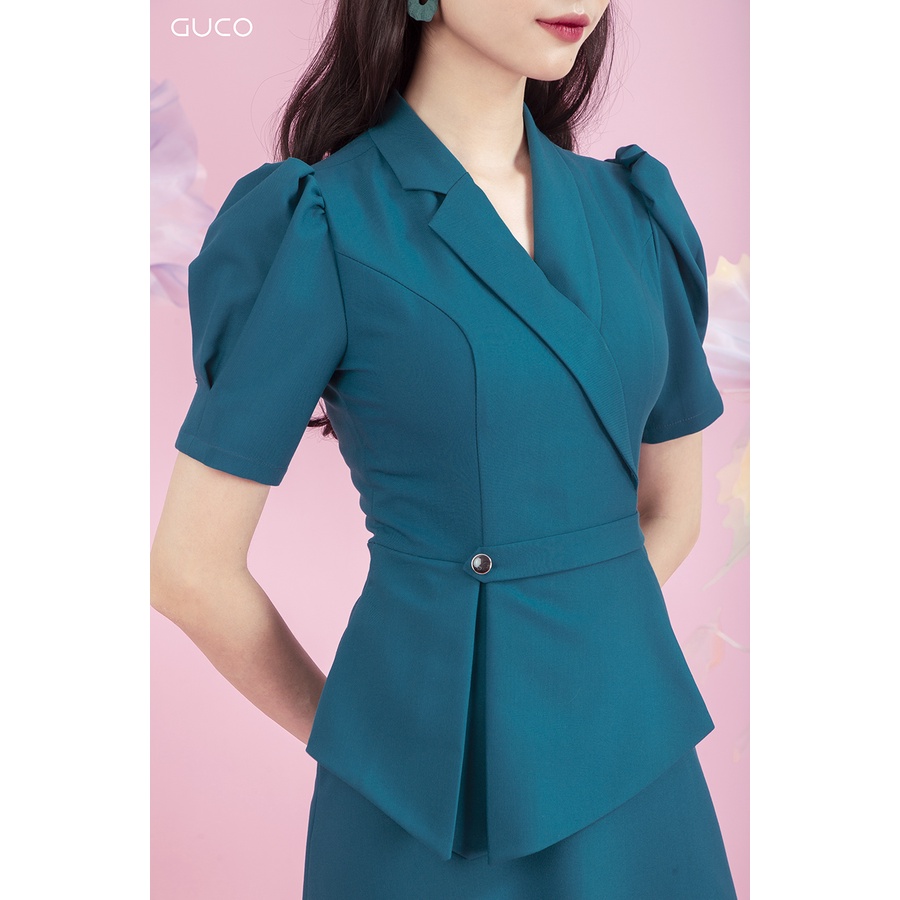 Đầm Peplum cổ vest đính nút eo GUCO 3888 Xanh