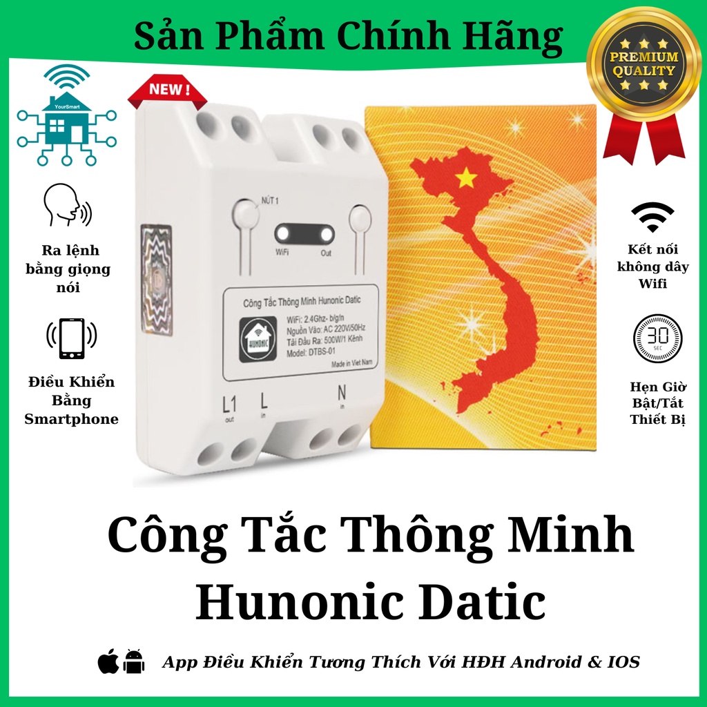 Công Tắc Thông Minh Wifi Hunonic Datic 1 Kênh 500W Điều Khiển Thiết Bị Từ Xa Qua Điện Thoại, Hẹn Giờ Tự Động