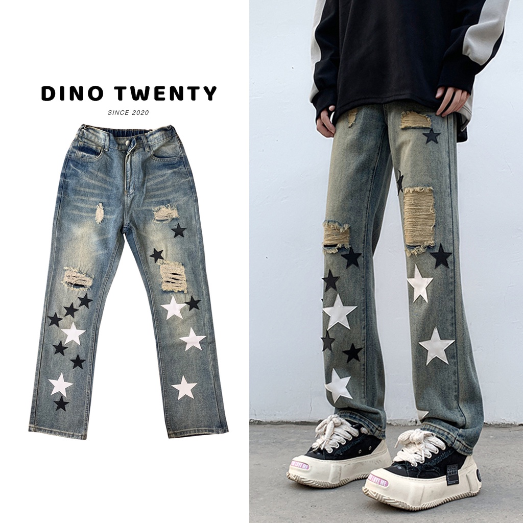 Quần jean rách nam ống hơi loe DINO TWENTY SINCE 2020 phong cách high street vibe retro - J418