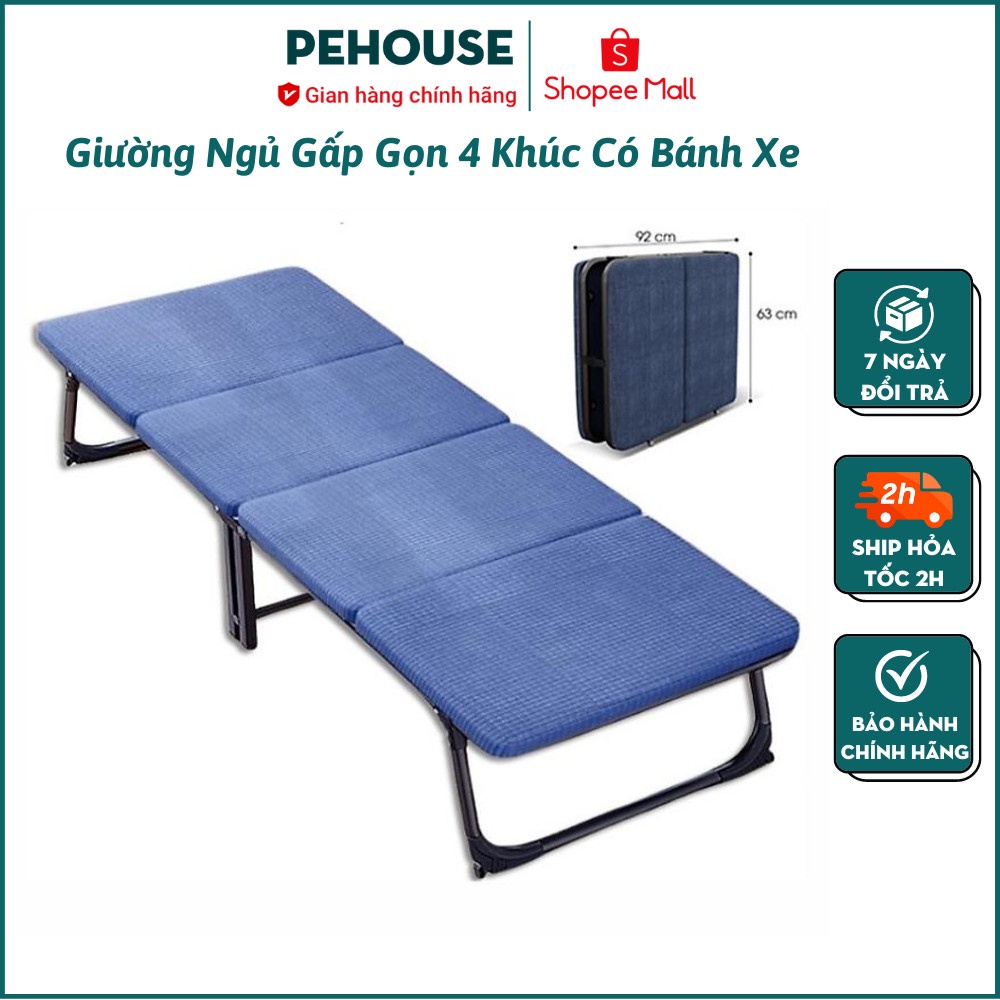 Giường gấp di động PeHouse 1 người, chịu tải 300kg, chân giường có bánh xe, sẵn đệm, gấp gọn chỉ dày 20cm - MBC2101
