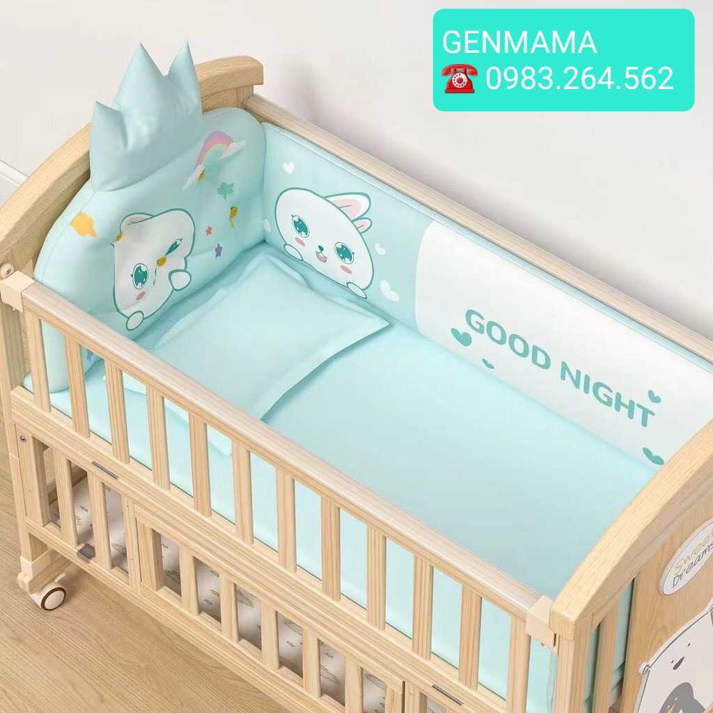 Quây cũi vải, quây cũi cao cấp 6 chi tiết thiết kế hình vương miện chất liệu cotton dùng cho cũi dài 105cm rộng 60cm