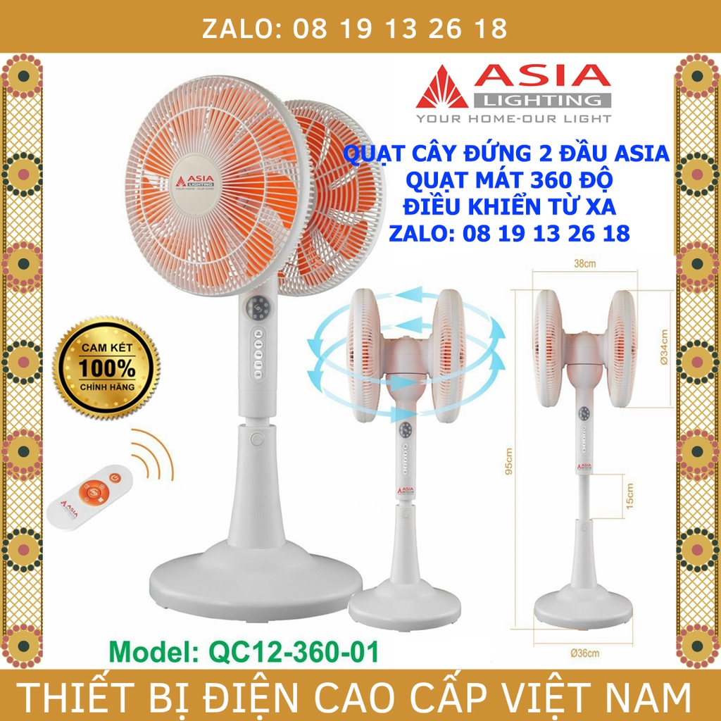 Quạt cây, quạt đứng 2 ĐẦU ASIA QC12, quạt mát 360 độ, điều khiển từ xa, màu trắng cao cấp, bảo hành 2 năm