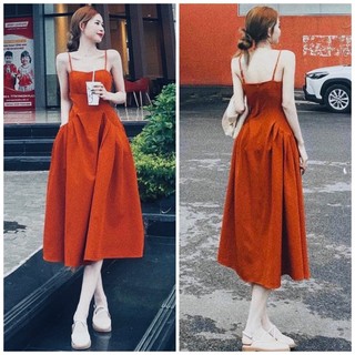 Đầm maxi hai dây màu ngói túi trước có mút ngực (kèm hình thật)
